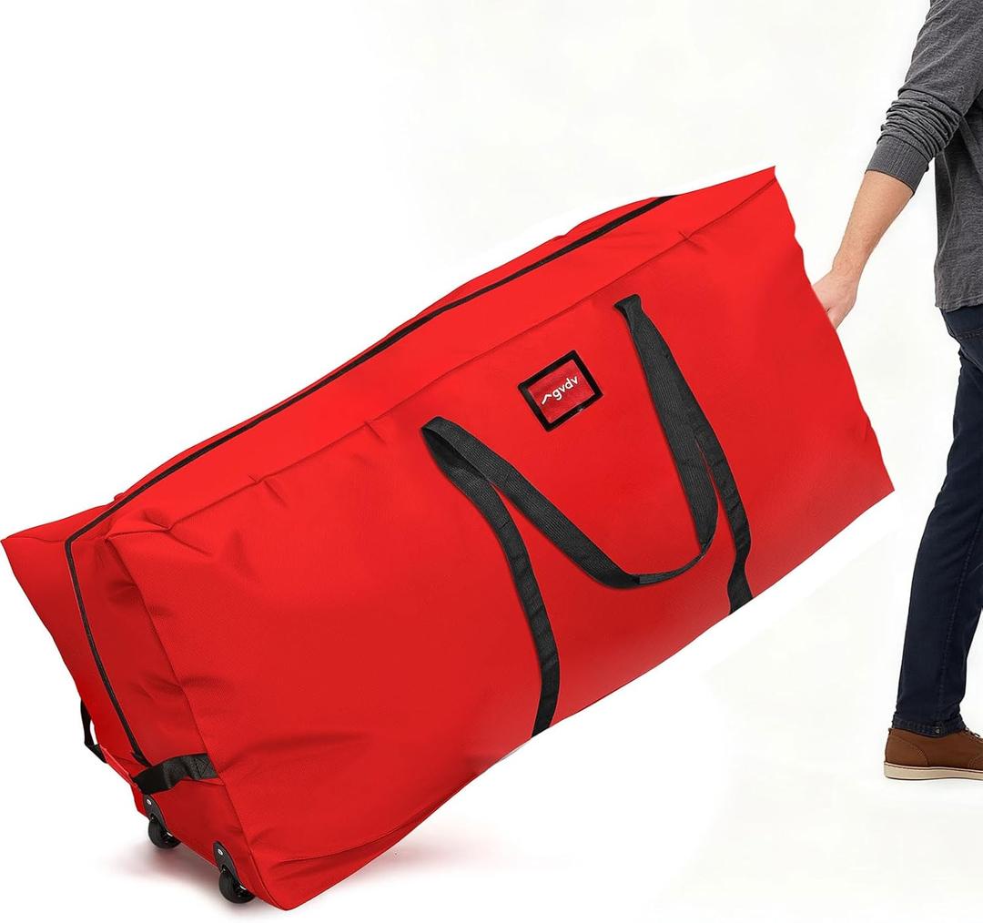 GVDV Rolling Christmas Tree Storage Bag Fits 7.5 Ft Artificial Trees, 600D Oxford Waterproof Heavy Duty Canvas, Large Holiday Xmas Box Container with Wheels, Reinforced Handles & ID Slot, Red