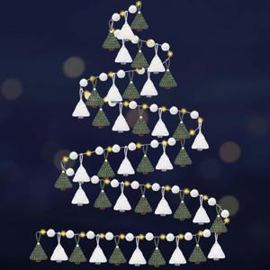 Hoolerry 37 Pcs Lighted DIY Crochet Christmas Tree Garland Knitted Handmade Xmas Tree Banner Decor Battery Powered Rustic Farmhouse Hanging Ornaments Yarn Pompoms Balls for Mantel Fireplace Wall Gift