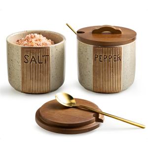 Ceramic Salt and Pepper Bowl, Salt Cellar with Lid and Spoons Salt Containers for Countertop Pepper Holder Box, Beige (Set of 2)