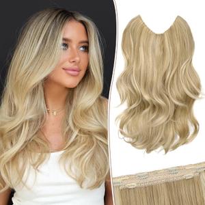 KooKaStyle Invisible Wire Hair Extensions Long Straight Layered Synthetic with Transparent Wire Adjustable Size 6 Secure Clips Hairpieces for Women 16 Inch (16 Inch, H1860A#Beige Blonde)