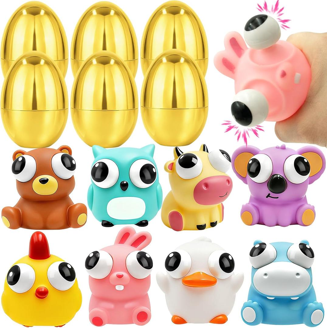 Jumbo 4" Golden Easter Eggs Filled Eye-pop Squishy Toys, 8 Pack Easter Basket Stuffers for Toddler Teens Boys Girls Surprise Golden Large Easter Egg Hunt Filling Treats Easter Party Favor