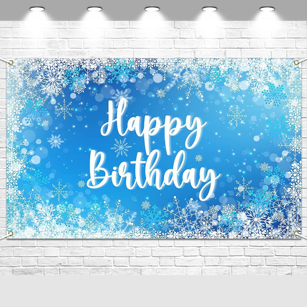 Avezano Winter Birthday Banner Ice Snoflake Happy Birthday Backdrop Ice Blue Winter Wonderland Party Decorations (70.8x43.3inch)