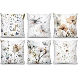 Set of 6 Brown and Grey Floral Throw Pillow Covers 18 x 18 Inches, Watercolor Square Cushion Covers for Sofa Couch Living Room Home Decor