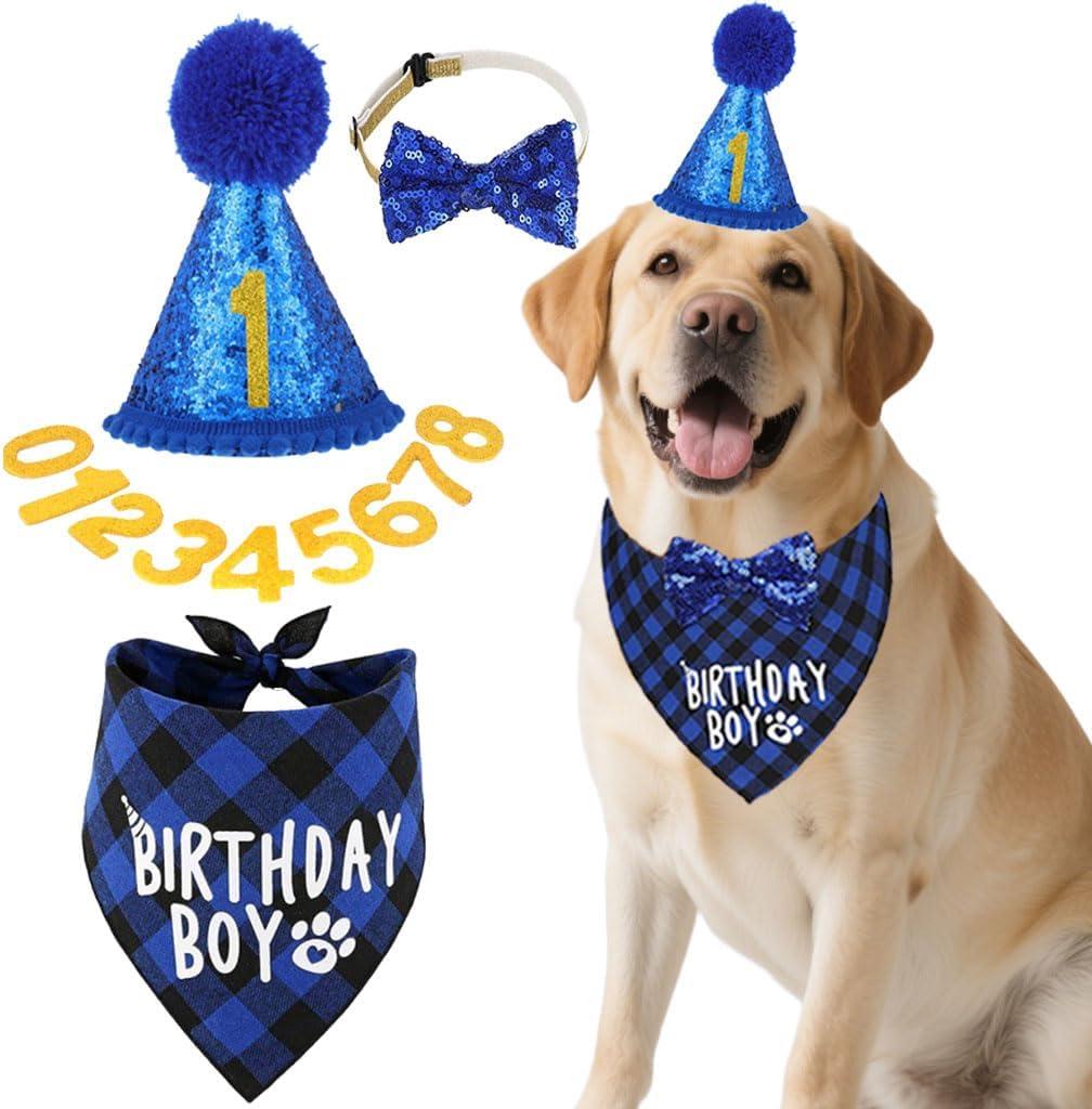 Dog Birthday Party Supplies, Dog Birthday Bandana and Party Hat Set with Numbers Bow Tie Collar for Small Medium Large Pet,Blue, S