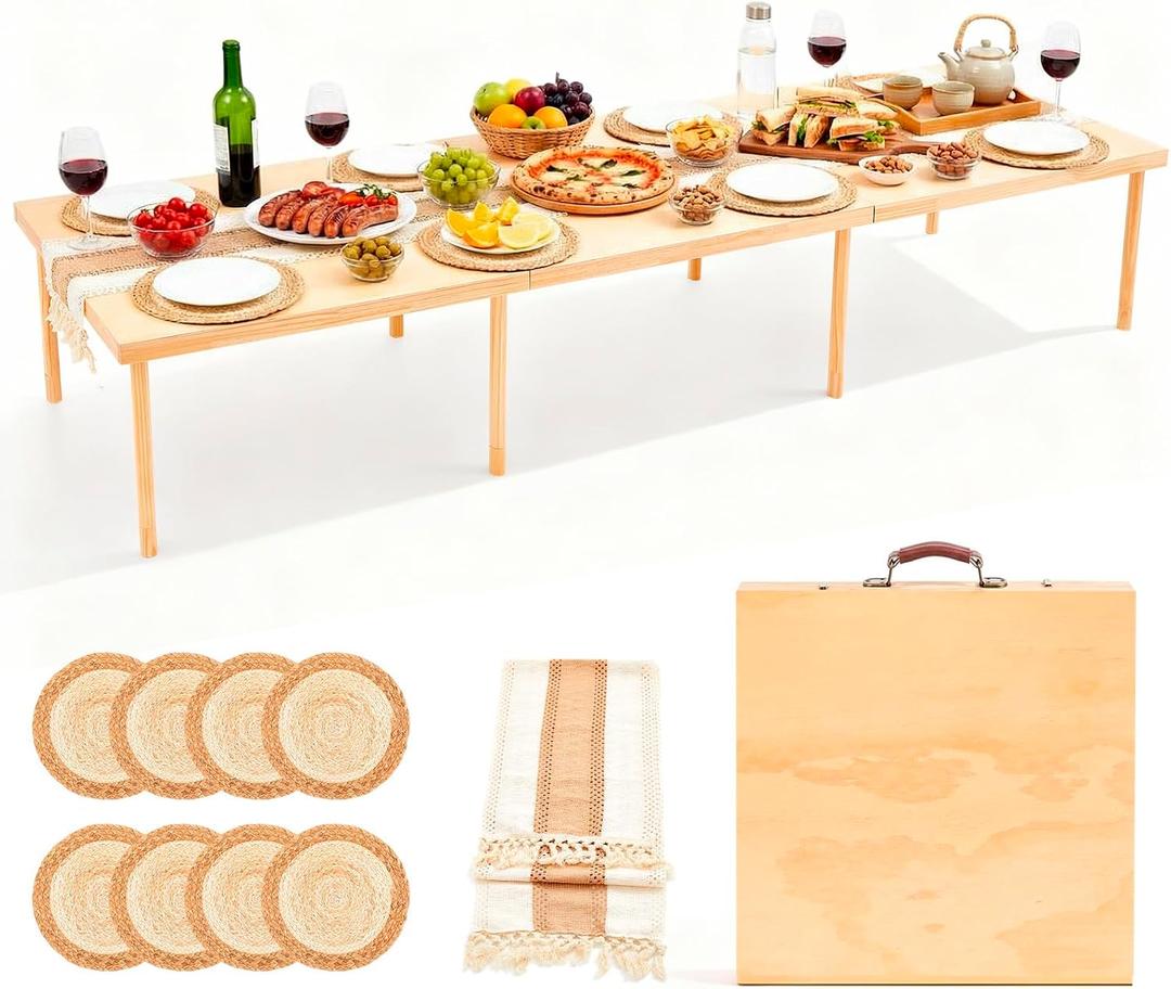 Novabright 90" x 30" Folding Boho Picnic Table with Woven Placemats and Table Runner Portable Low Picnic Floor Desk with Adjustable Legs for Beach, Wedding, Camping, 12 People, Tri-fold Style