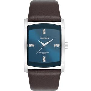 Armitron Men's Genuine Crystal Accented Leather Strap Watch (Silver/Brown/Navy Blue)