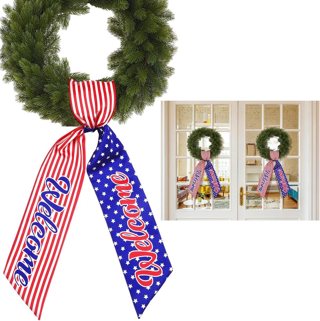 2 x 2 Pcs 56.3" x 4.3" Patriotic Wreath Sash for Front Door 4th of July 250th Anniversary Wreath Sash Garland Ribbon Independence Day Memorial Accessories for Yard Outdoor Indoor Home(Welcome)
