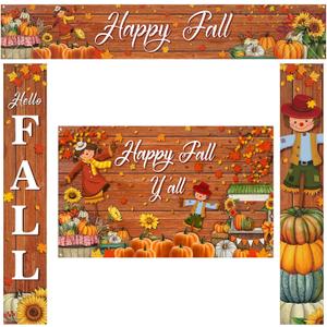 Ctosree 4 Pcs Thanksgiving Porch Banner Sign Happy Fall Y'all Banner Backdrop for Autumn Decoration Home Outdoor Garden Fence Yard Lawn Porch Decor