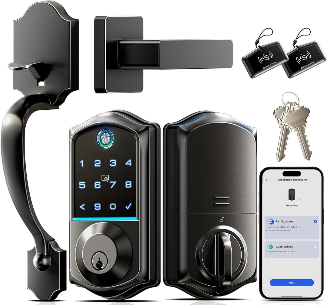 Veise Fingerprint Smart Front Door Lock Set, App Control, Keyless Entry Door Lock with Handle, Smart Deadbolt, Emergency Power Port, Touchscreen Keypad, Auto Locking, Easy Install, Matte Black