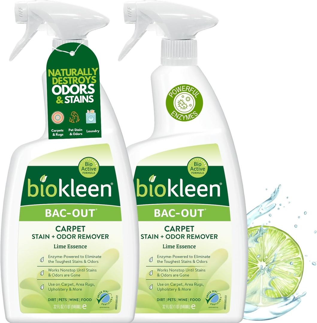 Biokleen Bac-Out Carpet Cleaner Spray, Stain Remover and Odor Eliminator, Use on Area Rugs, Upholstery & More, Removes Dirt, Pets, Food, Lime Scent, 32 oz, 2 Pack