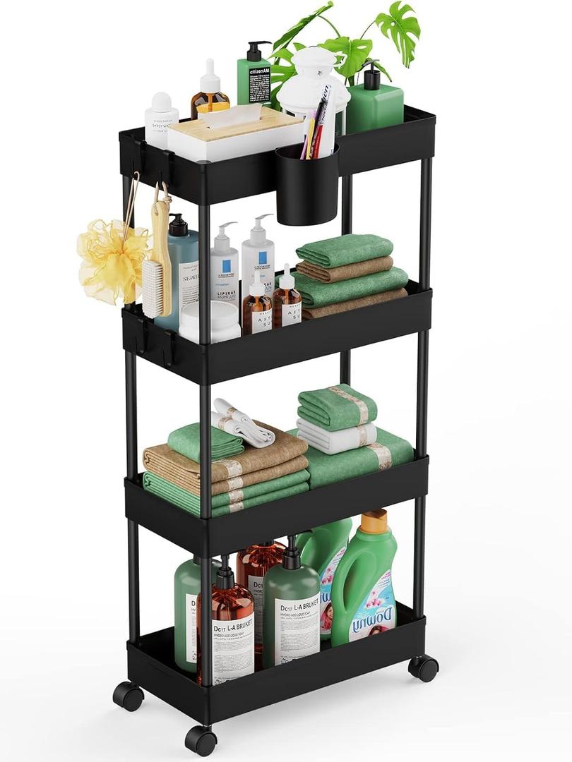 LEHOM Slim Rolling Storage Cart  4 Tiers Bathroom Organizer Utility Cart Slide Out Storage Shelves Mobile Shelving Unit for Kitchen, Bedroom, Office, Laundry Room, Small Narrow Spaces（7.1" W+Black）