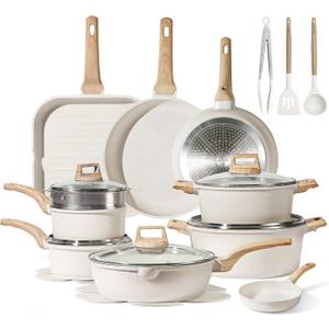 CAROTE 22pcs Pots and Pans Set Nonstick, Cookware Set White Granite Induction Kitchen Cooking Set w/Frying Pans & Saucepans& Grill Pan(PFOS, PFOA Free) (22 Piece, Cream White)