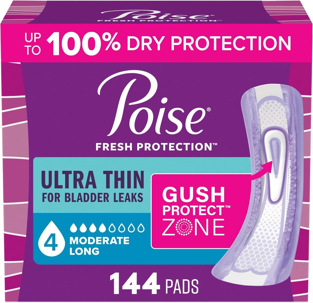 Poise Ultra Thin Incontinence Pads for Women, 4 Drop, Long, 144 ct