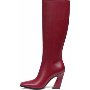 Celbreez Women's Knee High Boots Red Boots for Women Wide Calf Square Toe Chunky Heel Leather Boots Side Zip Long Tall Boots Fashion Party Dating Casual Shoes for 2025 Fall Winter, 8.5