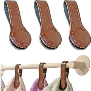 Prriudy 3 Pack Leather Towel Clips Magnetic Bath Towel Clips Hand Towel Hooks with Magnets for Towel Rods and Racks, Kitchen and Bathroom Accessory (Brown, 3 Pack)
