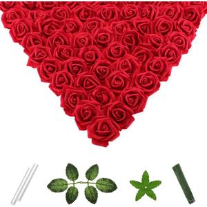 Vignor 100 Pcs 2 Inch Artificial Flowers Faux Foam Fake Rose Head Bulk for Home Decor Wedding Decoration Bridal Shower Wall Table Centerpiece Arrangement DIY Craft (Rose Cherry Red)