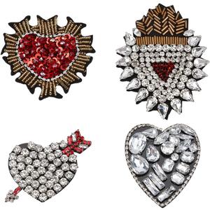 MAYJOYDIY 4 Pcs Love Heart Rhinestone Bead Patch Sew on Handmade Heart Patches Arrow Sequin Rhinestone Embroidery Applique Sparkling Heart-Shape Adornments for Jeans Jackets Handbag Shoes Decoration