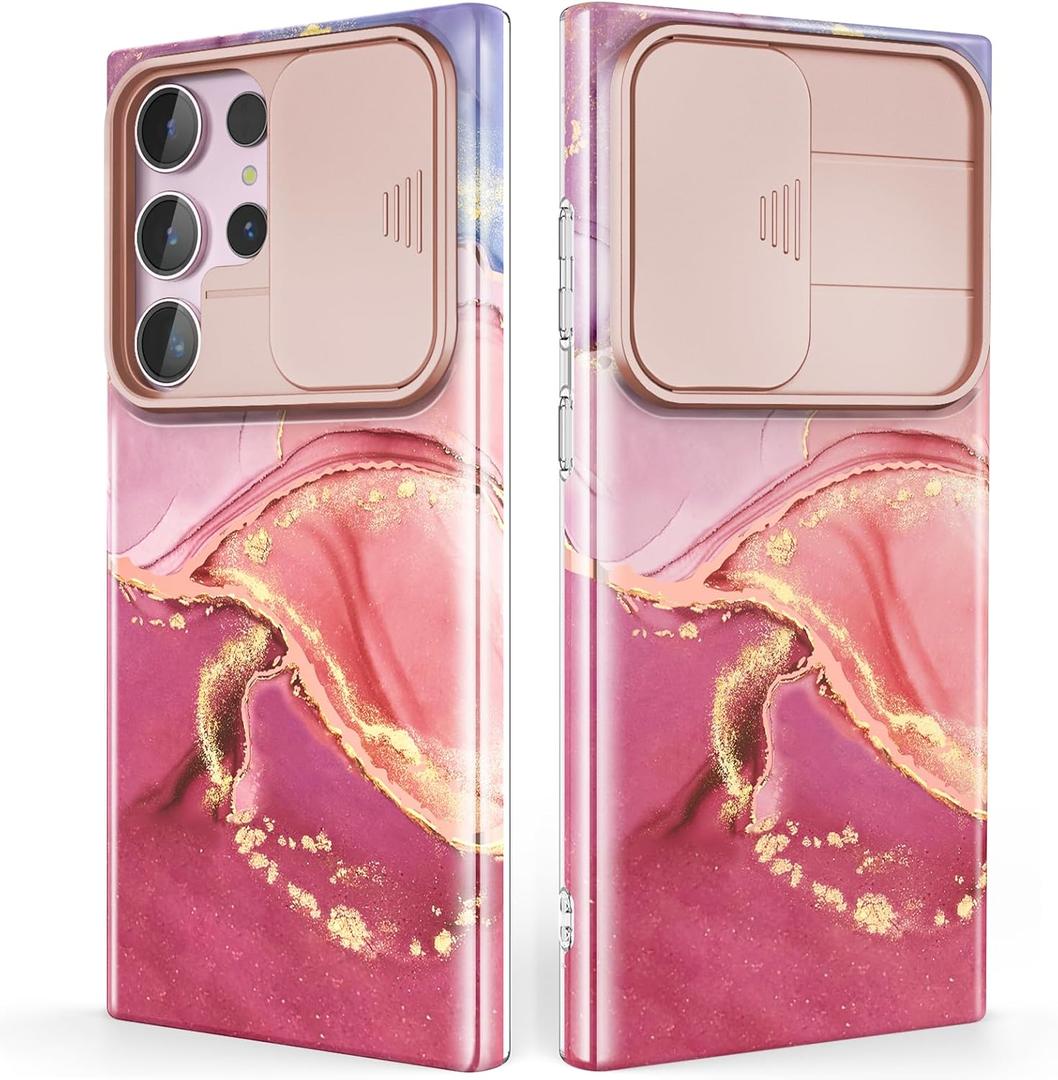 for Samsung Galaxy S23 Ultra Case with Slide Camera Cover, Samsung S23 Ultra Case Shockproof Slim Thin Lightweight, Chic Glossy Fade-Resistant Pattern Phone Cases Cover for S23 Ultra, Pink