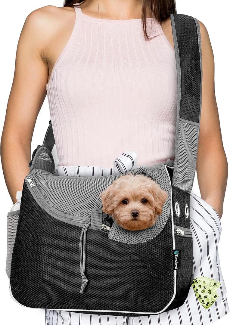 PetAmi Small Dog Sling Carrier, Soft-Sided Crossbody Puppy Carrying Purse Bag, Adjustable Sling Pet Pouch to Wear  Dog Cat Travel, Dog Bag for Traveling, Poop Bag Dispenser, Max 10 lbs, Black