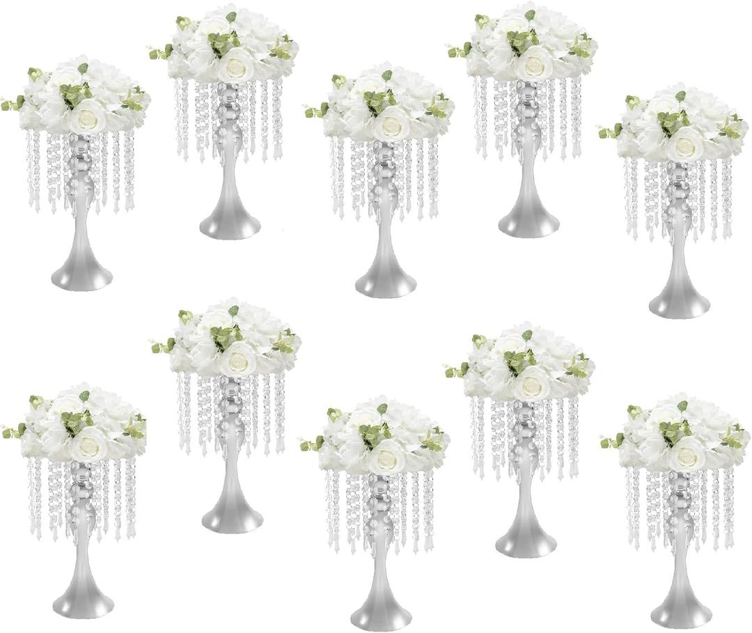 10 Pcs Versatile Metal Flower Stand, 13.77in/35cm Tall Wedding Centerpieces Gold Vases Crystal Flower Arrangement Stand for Table Wedding Party Dinner Event Decor (Silver)
