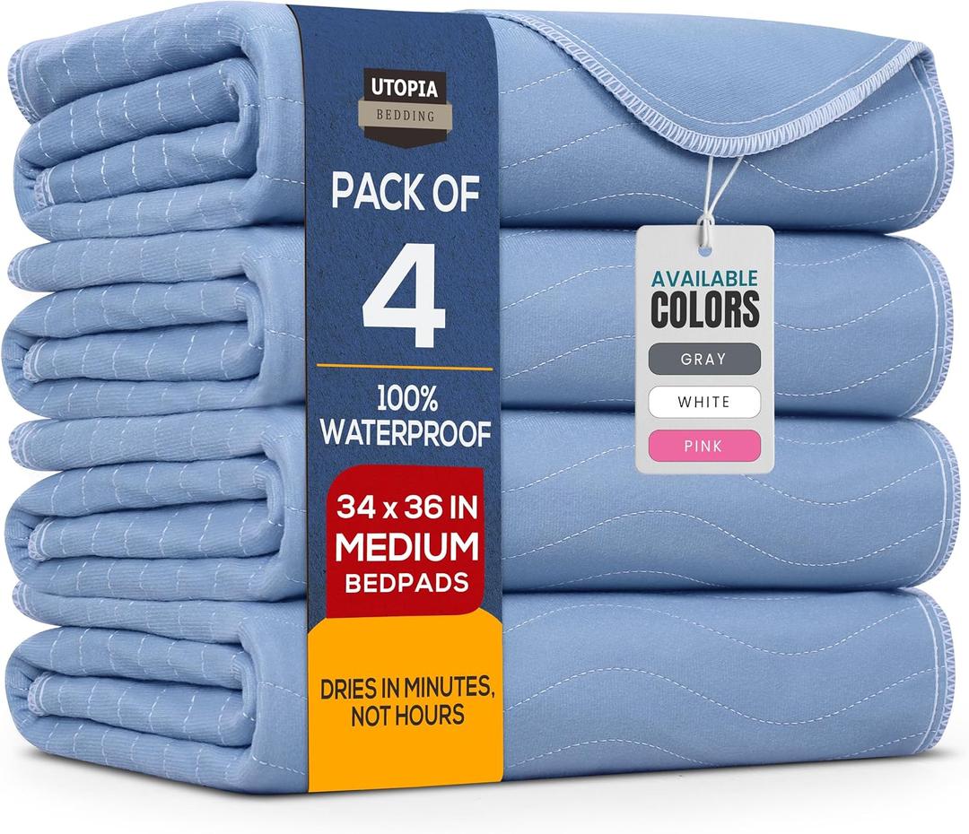 Utopia Bedding Washable Underpads 34" x 36" (Pack of 4), Waterproof Reusable Heavy Absorbency Incontinence Bed Pads for Adults, Kids, Elderly and Pets, Bedwetting Pads for Sofa and Couch (Blue)