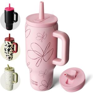 BOTTLE BOTTLE 30 oz Tumbler with Lid and Straw, Stainless Steel Travel Mug, Tumbler with handle, Water Bottle with straw for College, Gifts for Women Office Ice Coffee (Pink Flower)