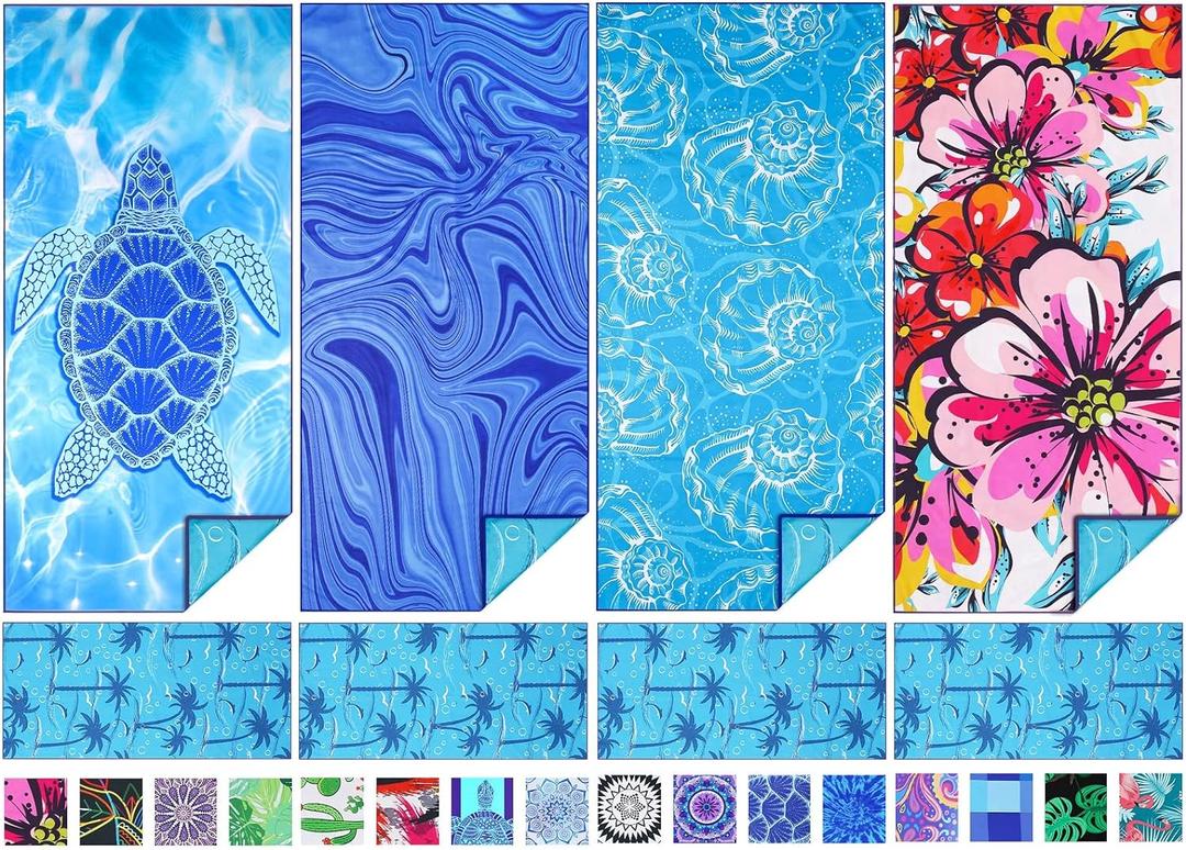 TwoYek 4 Pack Microfiber Thin Beach Towel Lightweight 71x32 Oversized Extra Large Sand Free Towels Quick Dry for Travel Pool Yoga Gym Sports Beach Accessories Vacation Essential Gift (4 Pcs Multiful Comb)