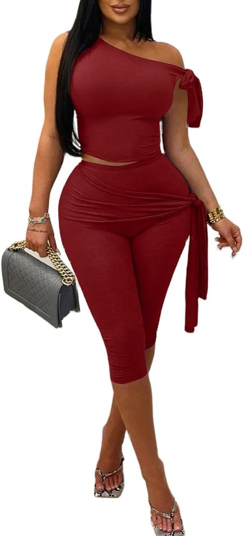 Vssjavun Women's 2 Piece Outfits Sexy Sleeveless One Shoulder Crop Tops Bodycon Capri Pants Sets (Burgundy, Red)