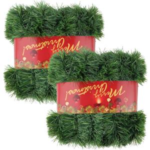 2Pcs 50FT Green Christmas Garland Decorations, Christmas Artificial Pine Greenery Garland Outdoor Indoor Decor, Straight Faux PVC Soft Garland for Stairs Railing Fireplace Window Christmas Decor