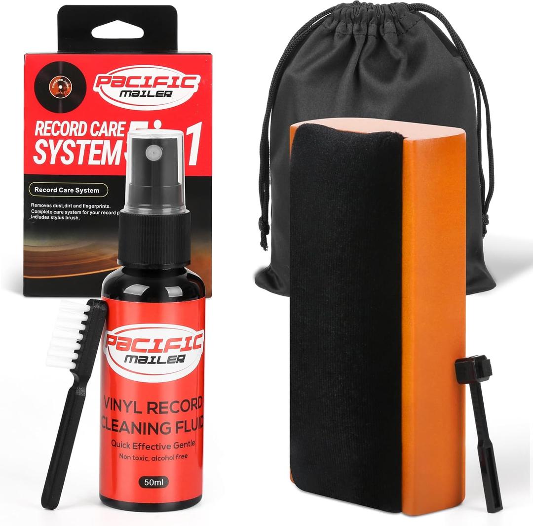 5 in 1 Vinyl Record Cleaning Solution Kit, Includes Soft Velvet Record Brush, Vinyl Cleaning Liquid, Stylus Cleaner & Brush and Carry Pouch