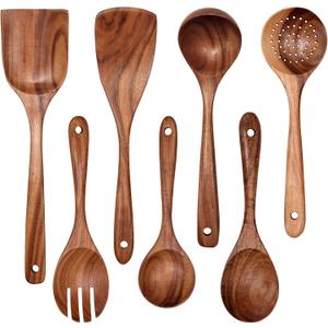Wooden Non-Stick Kitchen Pan Toolset 7 Pieces Set,100% Natural Teak Kitchen Utensils Spatula, Wooden Cooking Utensils Spoons, Fried Spatula and Salad Fork