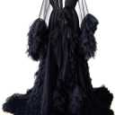 Tulle Robe Long Lingerie Bridal Dressing Gown Puffy Nightgown Photoshoot (X-Large, Black)
