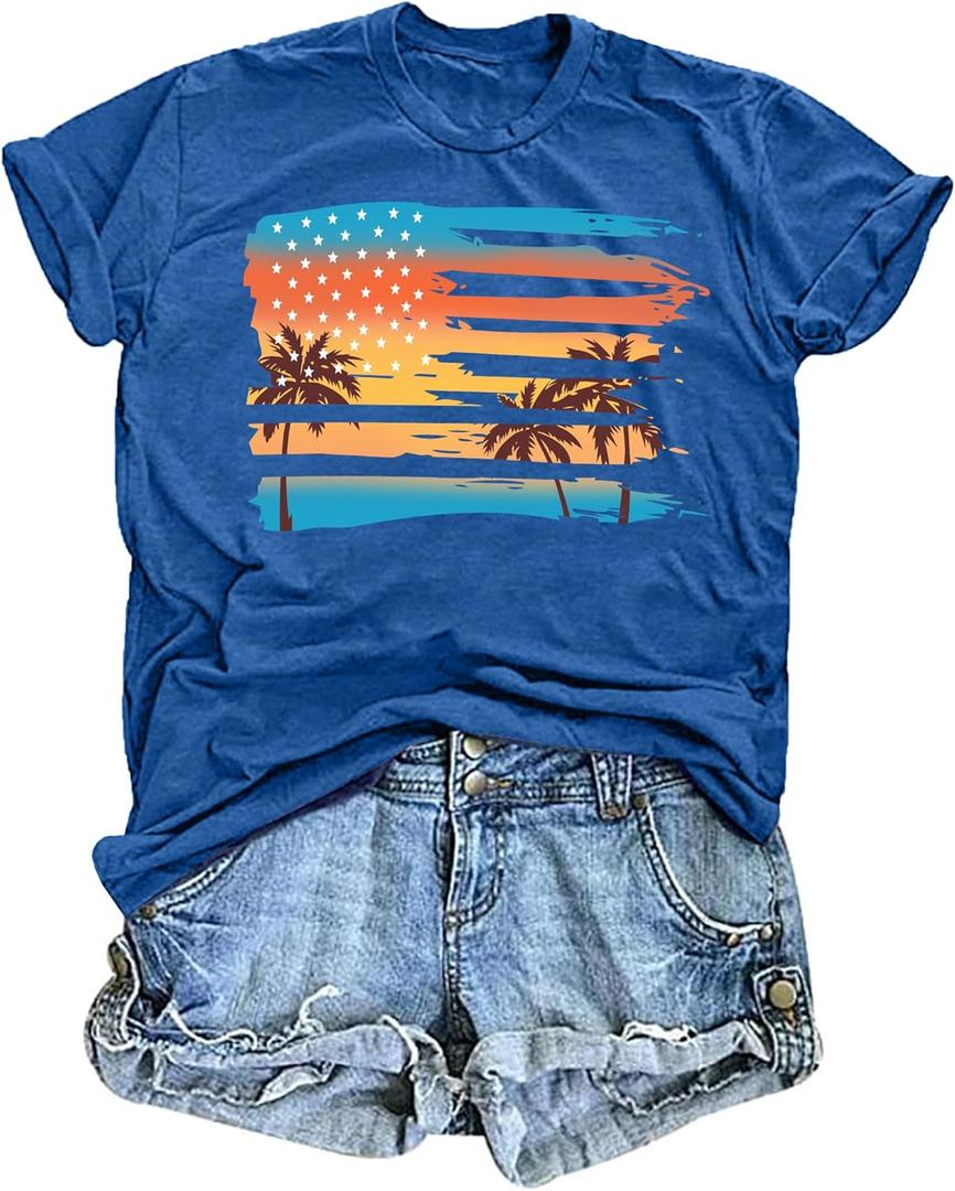 Beach Shirts Women Hawaiian T-Shirt Palm Trees Beach Graphic Tee Summer Vacation Patriotic Short Sleeve Tops (Gray, S)