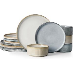 Famiware Star 12-Piece Stoneware Dinnerware Sets for 4, Reactive Glaze Plates and Bowls, Modern Rustic Dishes for Everyday & Formal Use, Chip/Scratch Resistant, Microwave/Dishwasher Safe, White & Blue