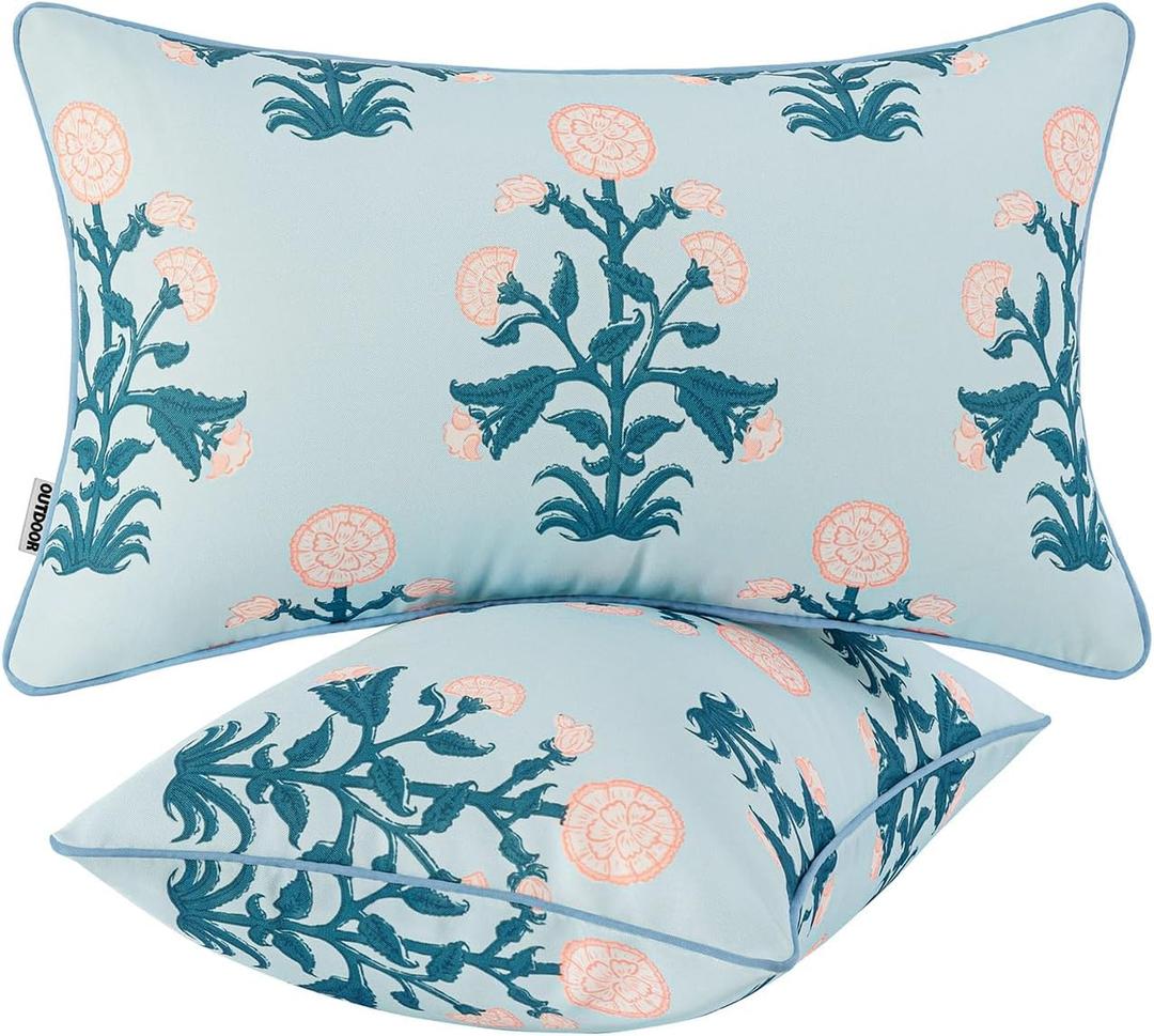 MIULEE Decorative Floral Outdoor Lumbar Pillow Covers with Inserts Set of 2 12x20,Waterproof Vintage Fade Resistant Patio Throw Pillows with Piping for Spring Summer Garden Couch Sofa,Blue Pink