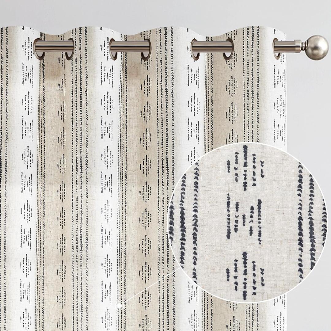Vangao Boho Curtains Black Stripe Farmhouse Drapes 84 Inches Long Geometric Mudcloth Linen Blend Curtains for Living Room Grommet Window Treatments 2 Panels Black on Beige
