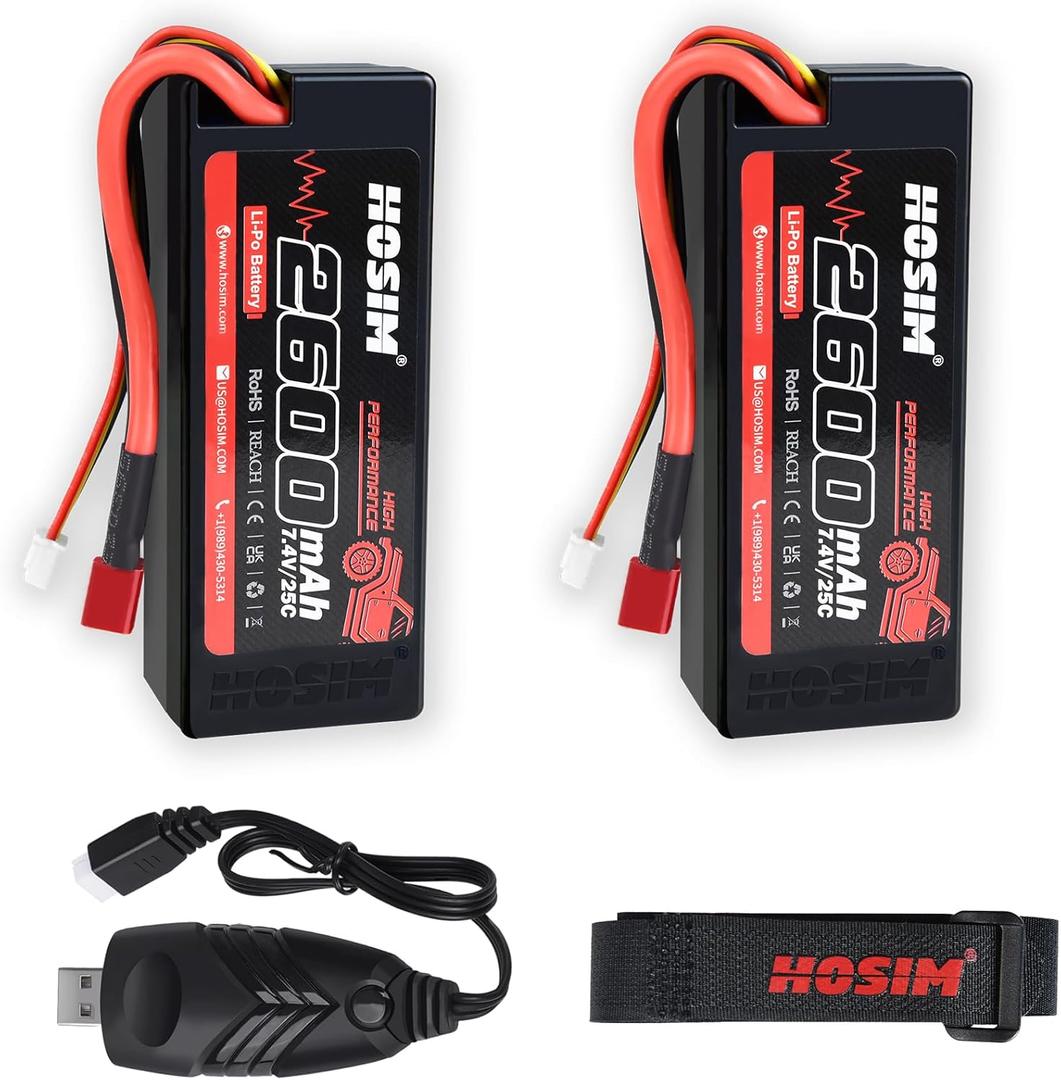 Hosim 2PCS 2S 7.4V 2600mAh Lipo Battery 25C with 1 USB Chargers & 1 Battery Strap RC Car Truck RC Vehicles Boat Battery Fit for X08 X07 X07W High Speed RC Cars 1/10 Scale