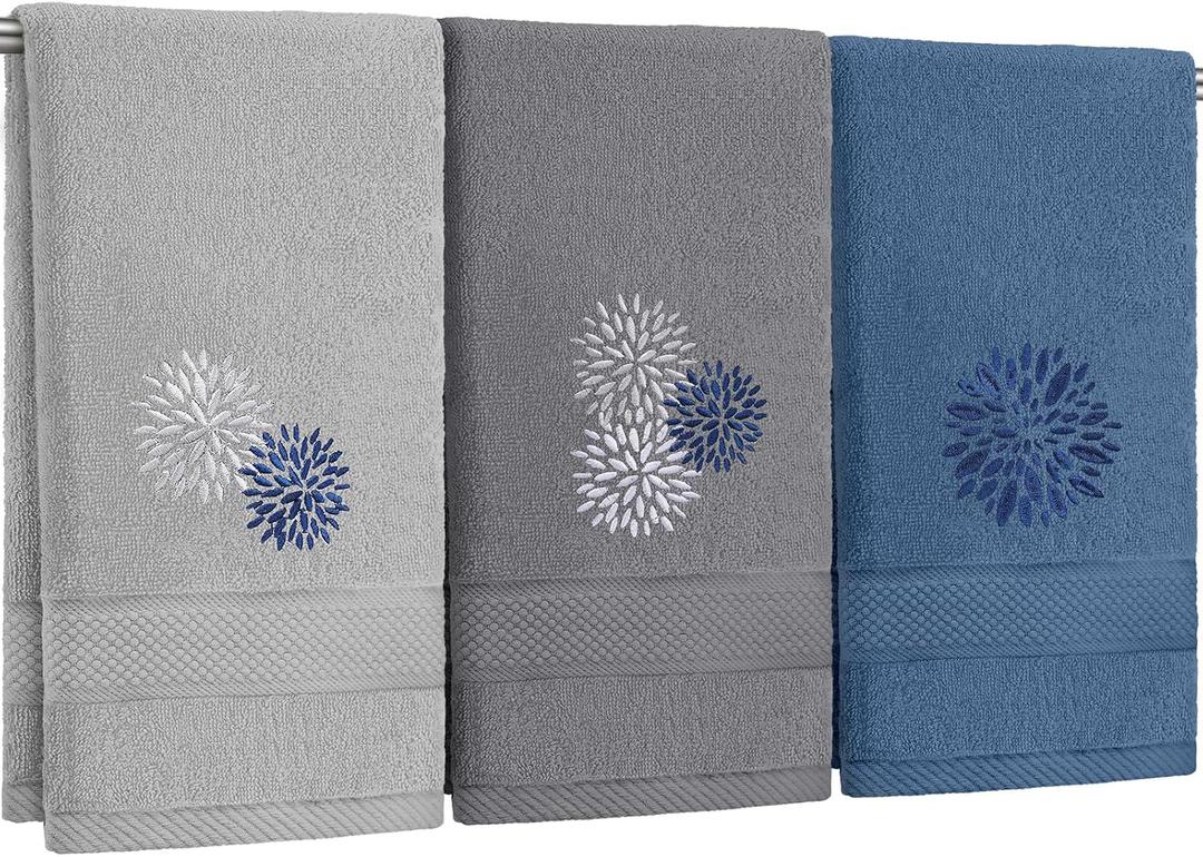 Tingjoo 3 Pcs Dahlia Flower Hand Towels Blue Grey Floral Farmhouse Finger Tip Towel 14 x 29 Inch Soft Embroidered Decorative Washable Spring Cotton Absorbent Summer Decor for Bathroom Kitchen