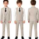 Herringbone Tweed 3 Piece Boys Suits Wool Blend Formal Party Dinner Tuxedo Set Outfit Suit Kids Suit Jacket Blazer Vest Pants for Boy Beige 5