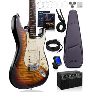 AKLOT Beginner Electric Guitar Kit: 10W Amp, Coil-Split HSS Pickups, Lesson Book, Roasted Maple Neck, Gig Bag, Tuner, Strap, Picks, Stryde Inferno Burst, Sunburst