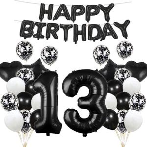 GLZLMM 13th Birthday Balloon 13th Birthday Decorations Black 13 Balloons Happy 13th Birthday Party Supplies Number 13 Foil Mylar Balloons Latex Balloon for Girls,Boys,Women,Men