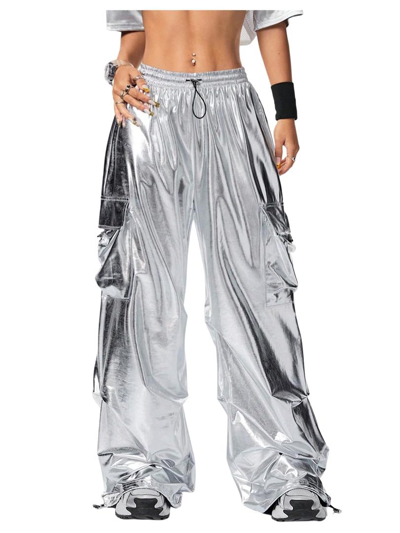 SHENHE Women's Y2k Metallic Cargo Pants Wide Leg Baggy Hip Hop Dance Rave Joggers Trousers XS