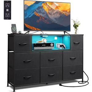 WLIVE LED Dresser TV Stand for 55 Inch TV, 8 Fabric Drawers, Black Dresser, 11.73"D X 47.17"W X 26.38"H