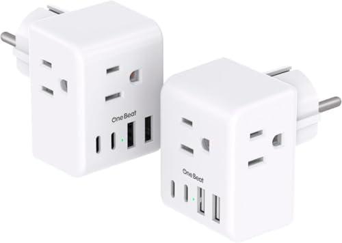 2 Pack Germany France Travel Plug Adapter with 3 Outlets 4 USB Charging Ports(2 USB C), Type E/F International Power Adapter, Travel Essentials US to Europe France Germany South Korea Netherlands