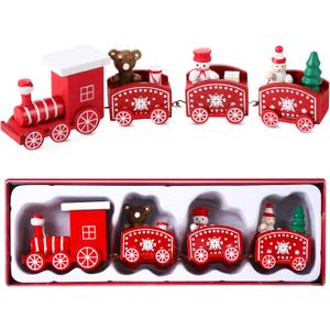 Christmas Train Painted Wooden Christmas Decoration Mini Christmas Tree Train Christmas Decorations Wood Train Decor for Xmas Table Top Ornament for Festival Party Decor (Snowman, Red)