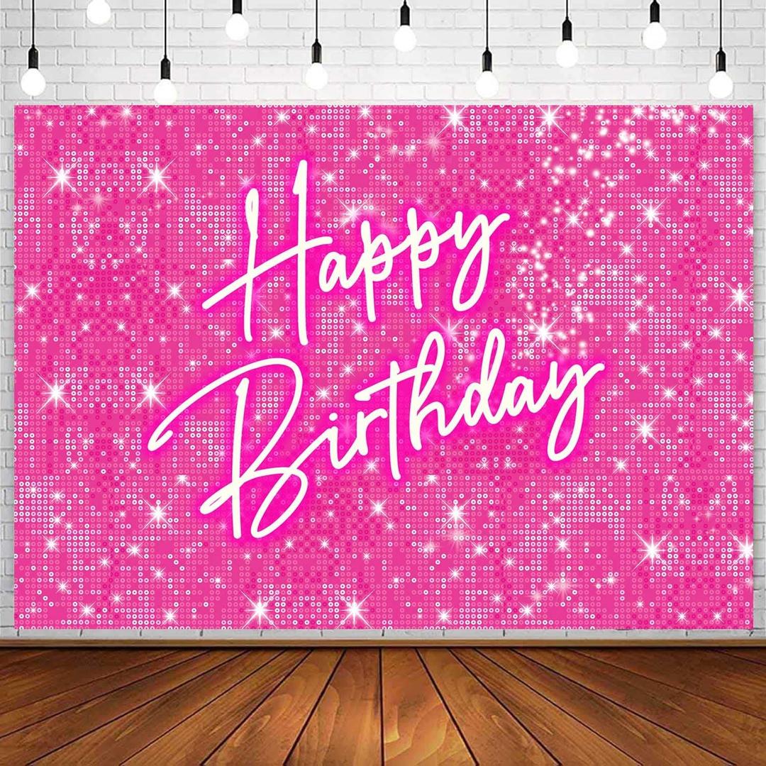 InMemory Shiny Pink Happy Birthday Backdrop for Lady Girls Women Princess Theme Party Decorations Neon Birthday Banner Glitter Photo Booth Studio Props Photography Background 10x7ft