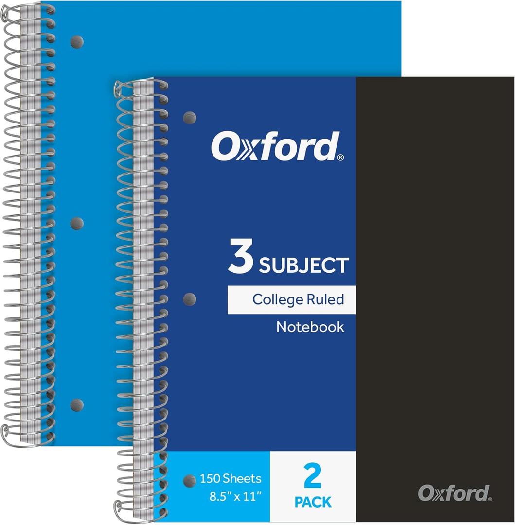 Oxford 3 Subject Spiral Notebook, Notebooks for School, Plastic Covers, Back to School Supplies, College Ruled, 150 Sheets, 2 Pack, Black and Blue (1009293)