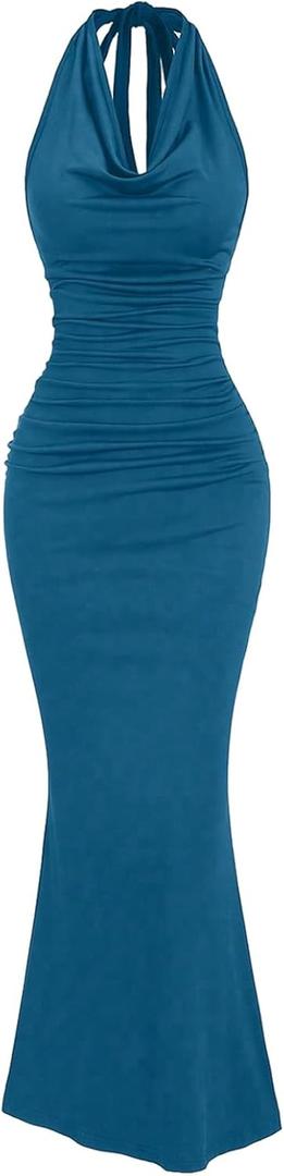 GORGLITTER Women's Halter Tie Maxi Dresses Elegant Classy Backless Cowl Neck Evening Gowns Formal Cocktail Ruched Dress Blue Medium