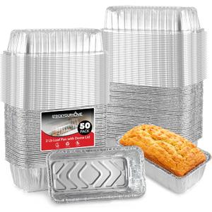 Stock Your Home Disposable Aluminum Loaf Pans with Lids, 2 Lb (50 Pack) Foil Baking Tins with Plastic Lid, Tin Pan with Cover for Cake, Banana Bread, Meatloaf, Mini Lasagna, Drip Trays