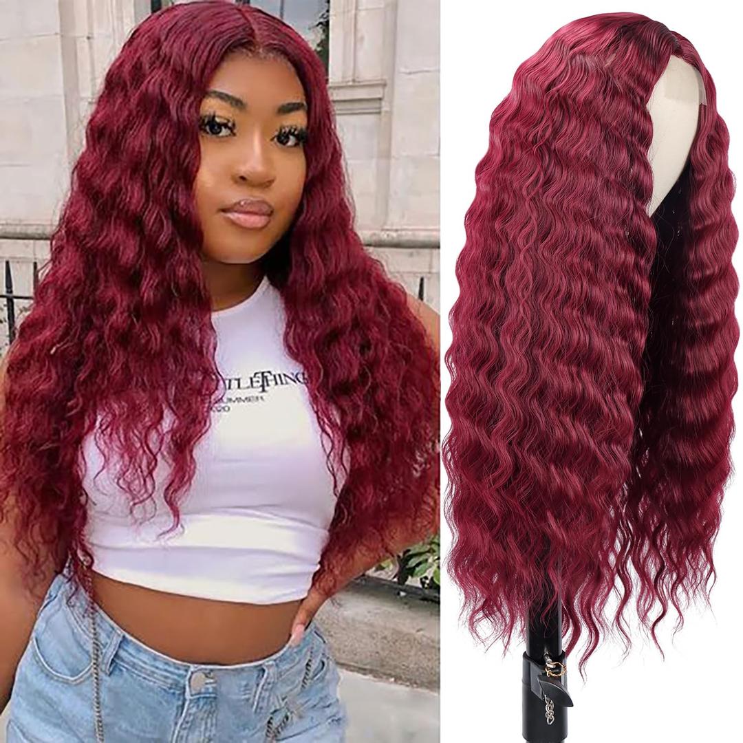Mairead 28 Inch Long Curly Synthetic Lace Front Wigs for Women Burgundy Red Loose Deep Wave Synthetic Wig 4" Fake Scalp Middle Part Natural Looking Crimps Curls Synthetic Hair Replacement Wigs (Bug#)